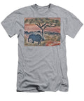 African Landscape with Elephant and Banya Tree At Watering Hole with Mountain and Sunset Grasses Shr Mendyz T-Shirt