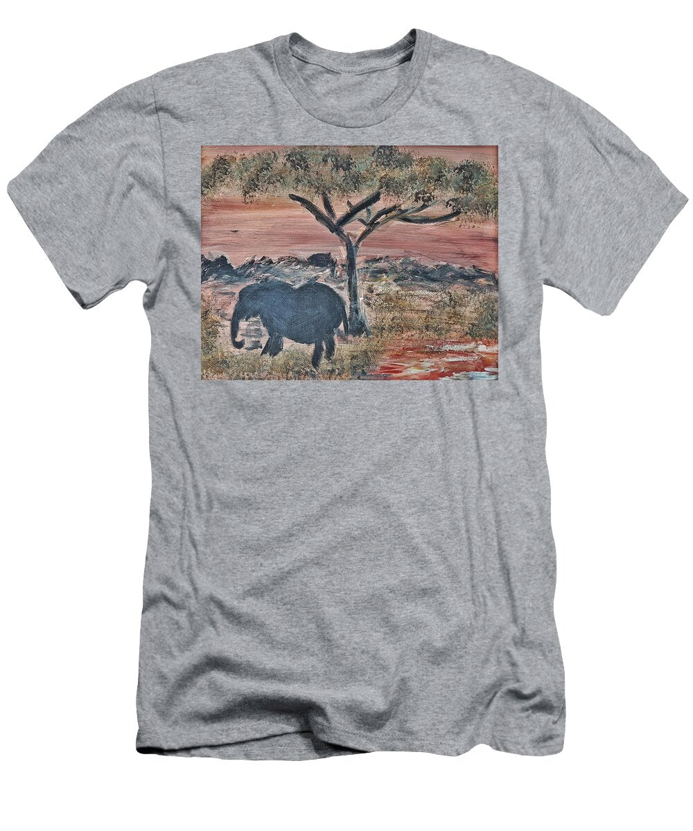 African Landscape with Elephant and Banya Tree At Watering Hole with Mountain and Sunset Grasses Shr Mendyz T-Shirt