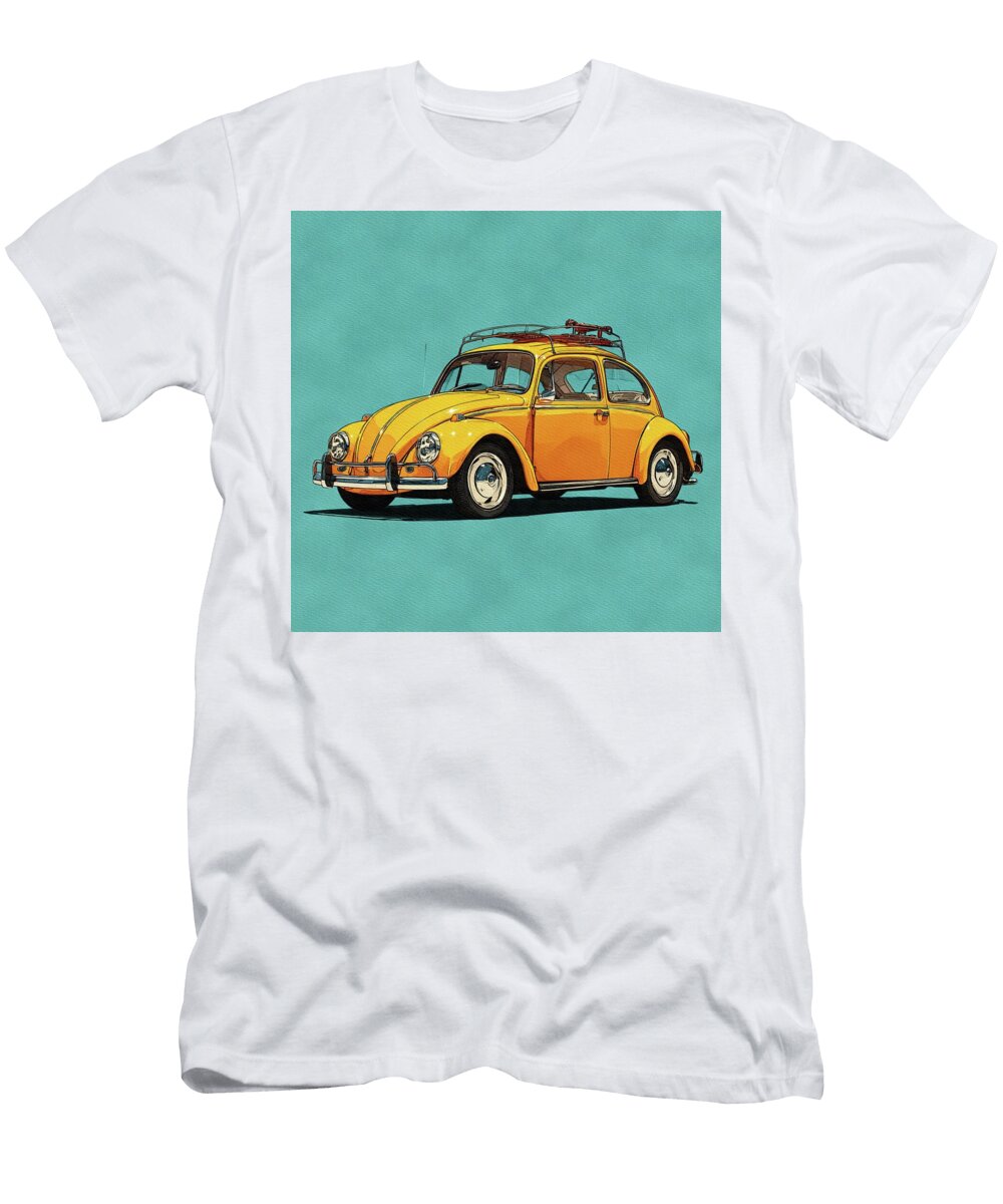 Yellow Vintage Beetle on Teal Background Graham Bell T-Shirt